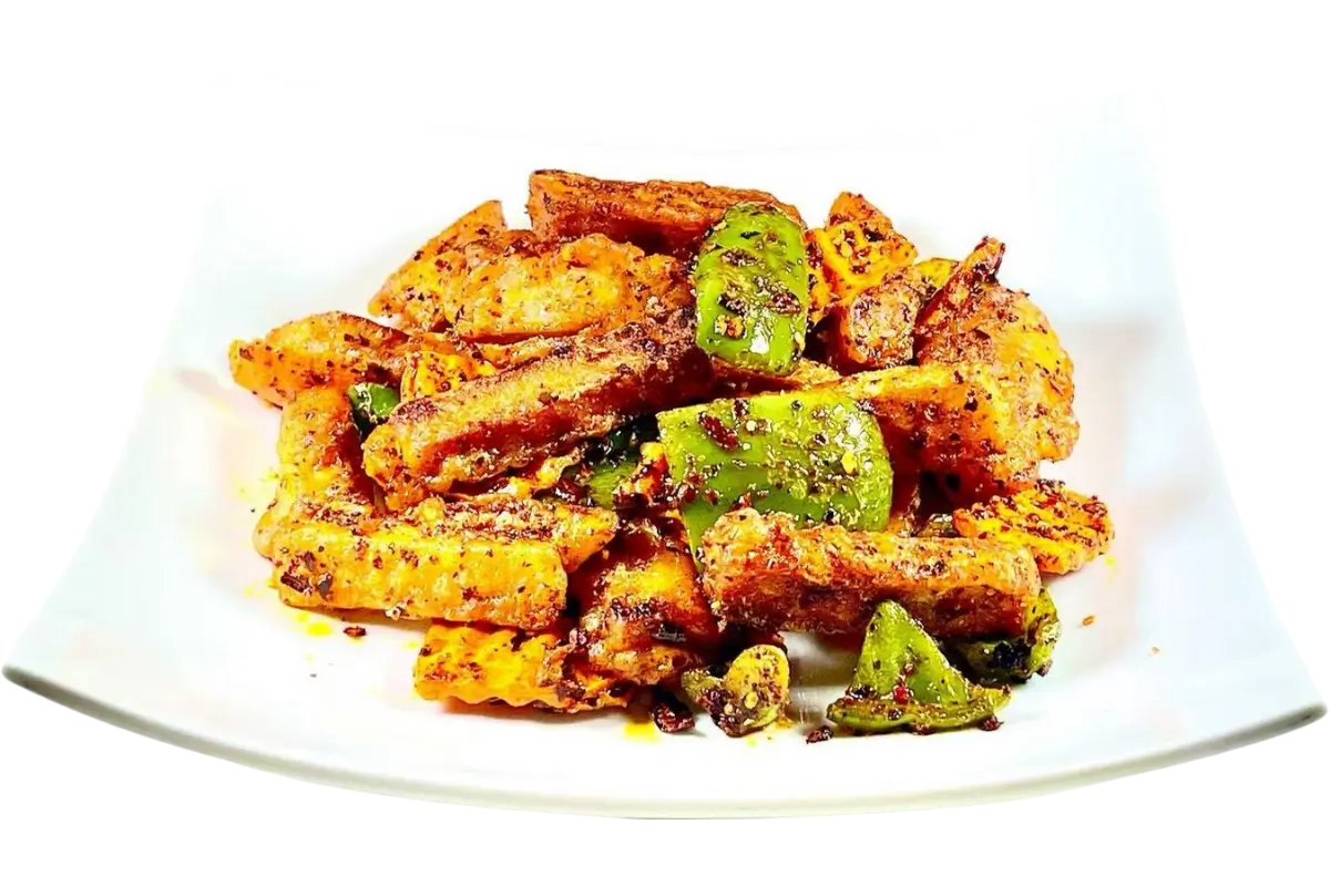 Vegee-Green-Chinese-Restaurant-Spicy-Potatoes-MissouriCity Potatoes stir-fried with green peppers in spicy seasoning at Vegee Green,a Chinese Restaurant in Missouri City.